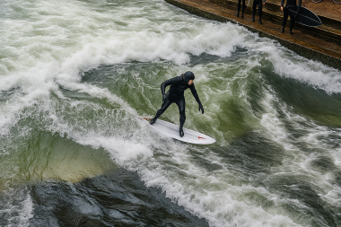 Die weltberühmte Eisbachwelle, seit Jahrzehnten Symbol für Freiheit, Mut und urbane Lebensfreude
